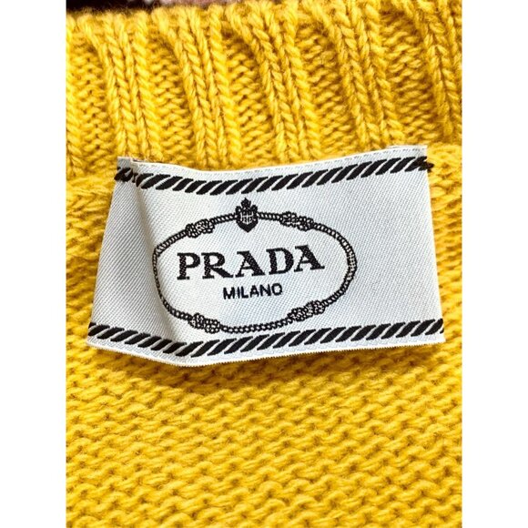 Prada Banana Inset Striped Crew Neck Long Sleeve Knit Sweater Yellow/Navy - Picture 4 of 6